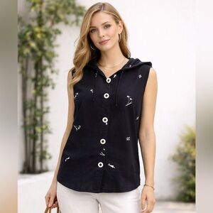 Vintage 80s/90s Koret “K Wear” Black Hooded Novelty Print Top – Size L